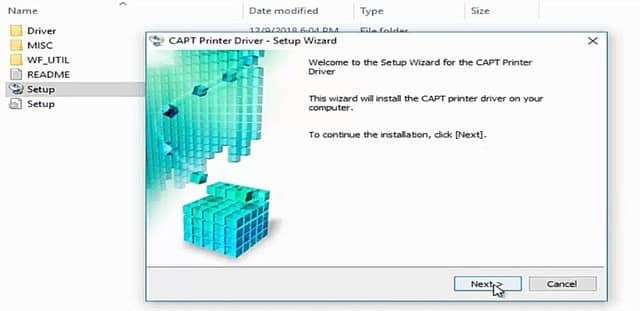 ấn Next để phần mềm tự động cài đặt máy in Canon 2900 cho Win 10