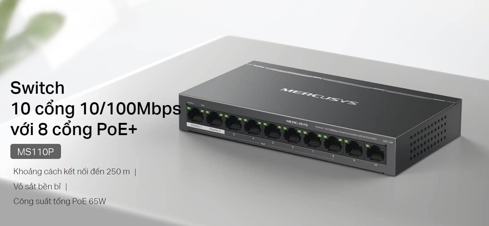 Switch Chia Mạng Mercusys MS110P (10 cổng 10/100Mbps với 8 cổng PoE+, vỏ kim loại)