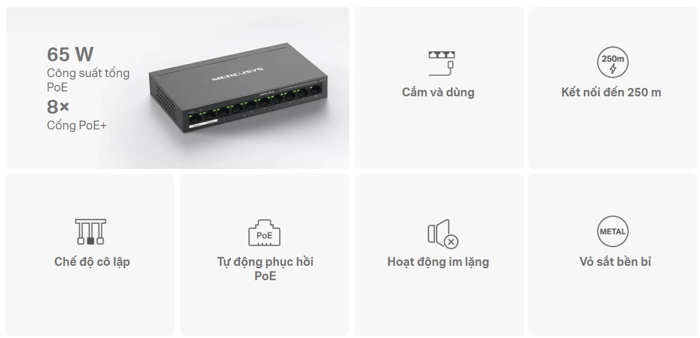 Switch Chia Mạng Mercusys MS110P (10 cổng 10/100Mbps với 8 cổng PoE+, vỏ kim loại)