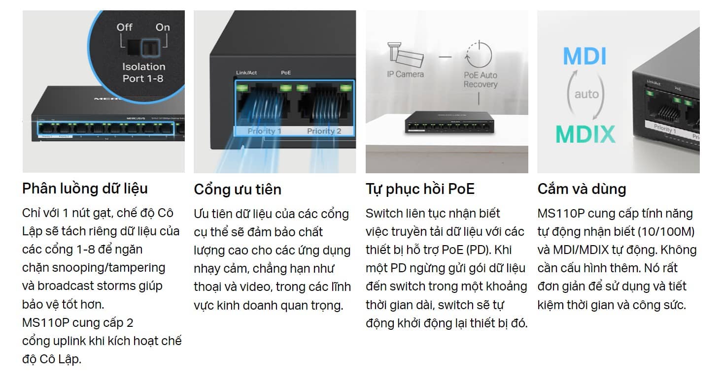 Switch Chia Mạng Mercusys MS110P (10 cổng 10/100Mbps với 8 cổng PoE+, vỏ kim loại)
