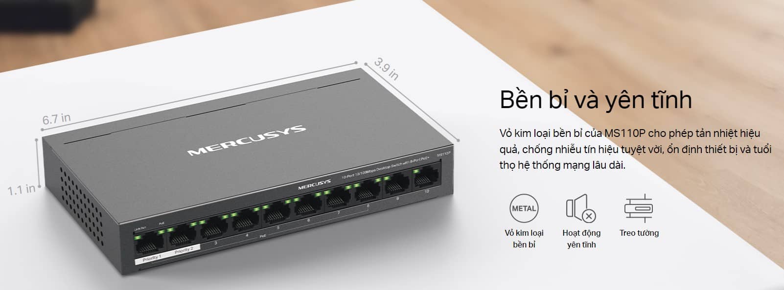 Switch Chia Mạng Mercusys MS110P (10 cổng 10/100Mbps với 8 cổng PoE+, vỏ kim loại)