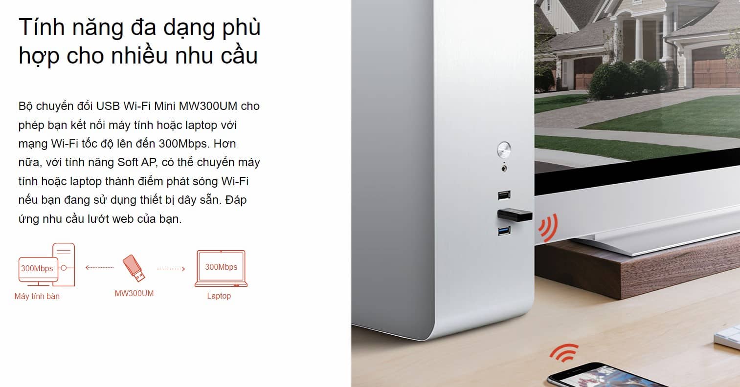 Card mạng không dây USB Mercusys MW300UM Tốc độ N300Mbps