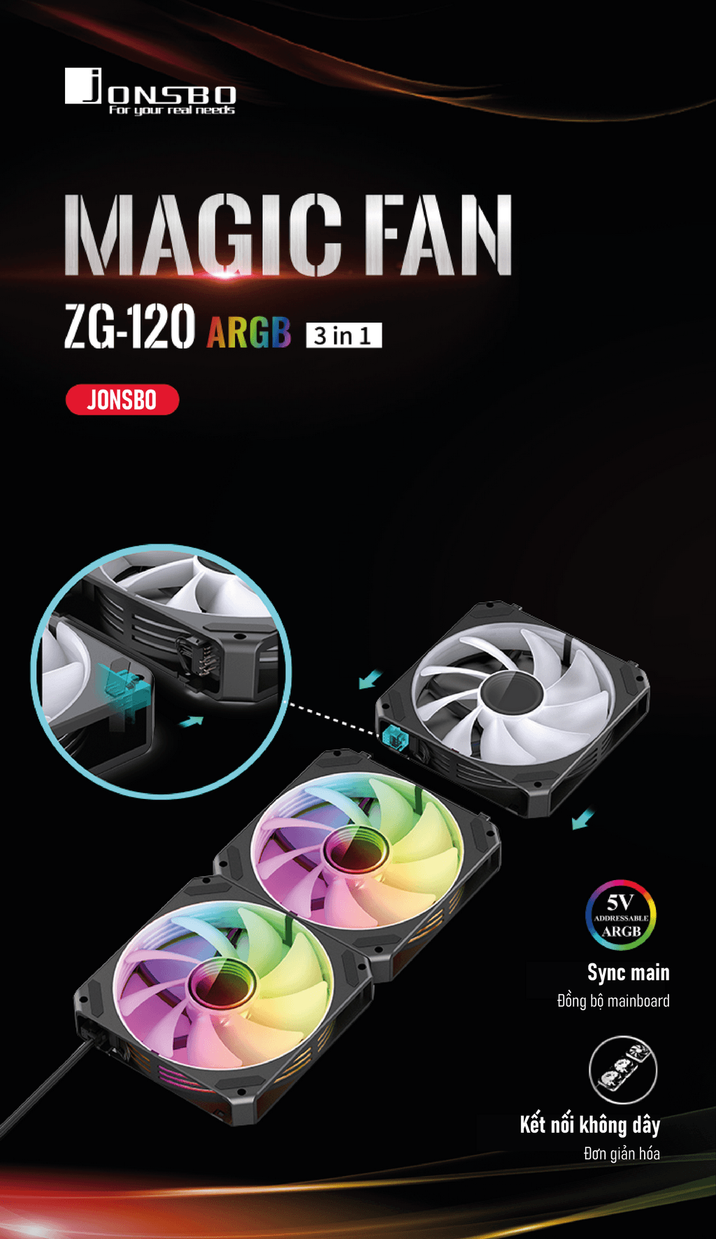 Fan Case Tản Nhiệt JONSBO ZG-120BR Black (3IN1/ FAN ĐẢO NGƯỢC/ GHÉP NỐI KHÔNG DÂY)
