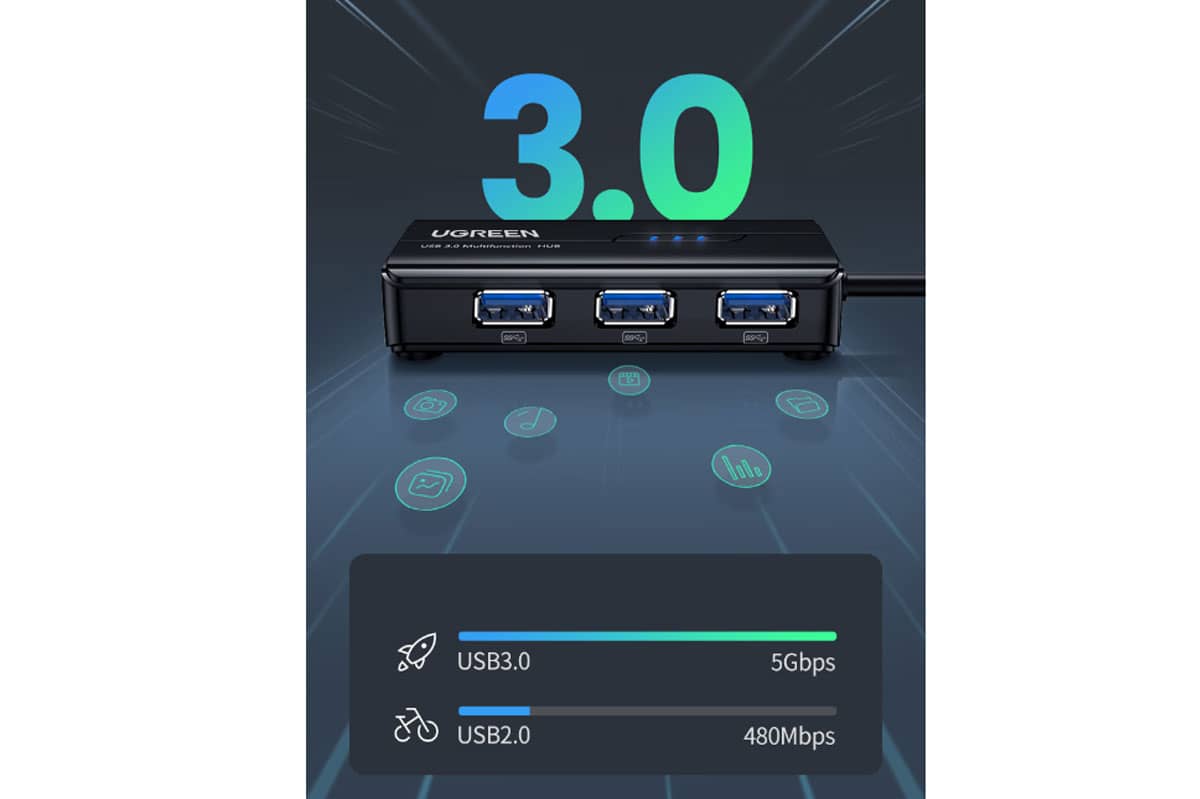 Bộ chia USB Ugreen 3.0 gồm 3 cổng usb, 1 cổng RJ45 Giga 20265