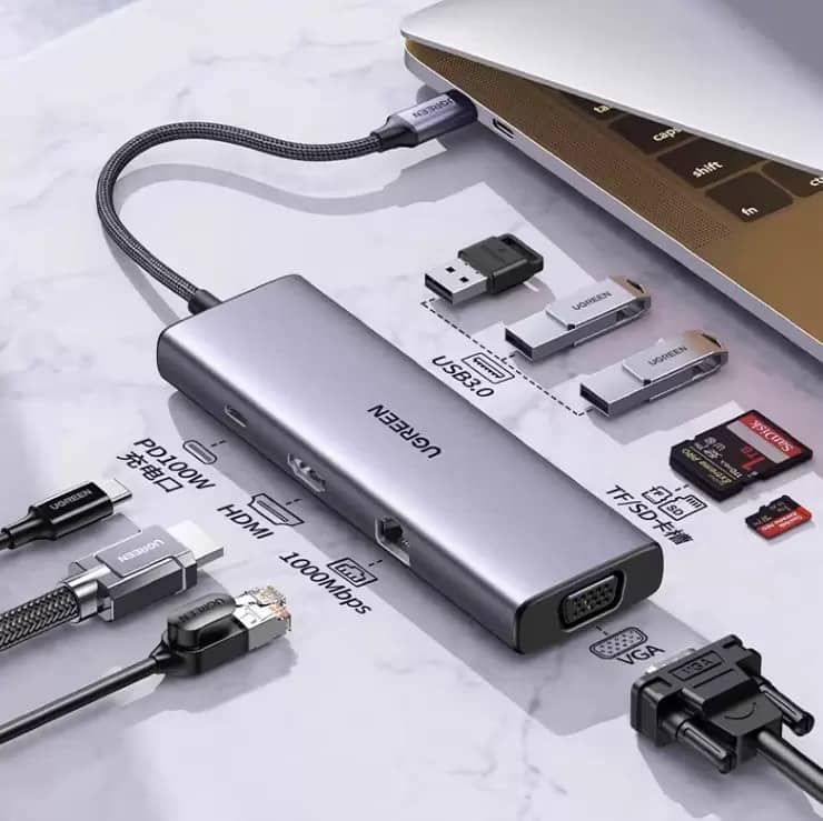 Bộ chuyển đổi USB-C sang USB-C PD+3*USB 3.0+RJ45+HDMI hỗ trợ 4k+VGA+SD/TF Ugreen 15600 3