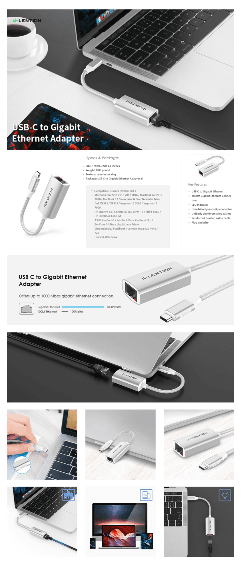 LENTION USB C to Gigabit Ethernet Adapter (CB-CU604E)