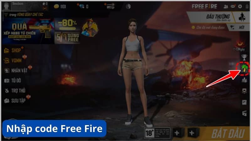 Nhấn chọn vào biểu tượng cây dừa trong giao diện game Free Fire 