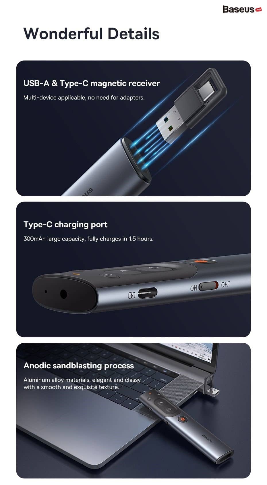 Bút trình chiếu Baseus Orange Dot AI Wireless Presenter (Red Laser)(Charging) Grey 9 