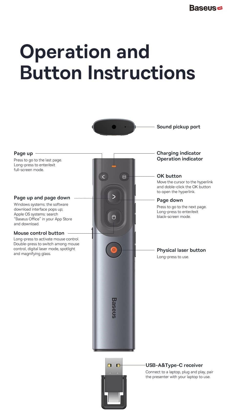Bút trình chiếu Baseus Orange Dot AI Wireless Presenter (Red Laser)(Charging) Grey 10
