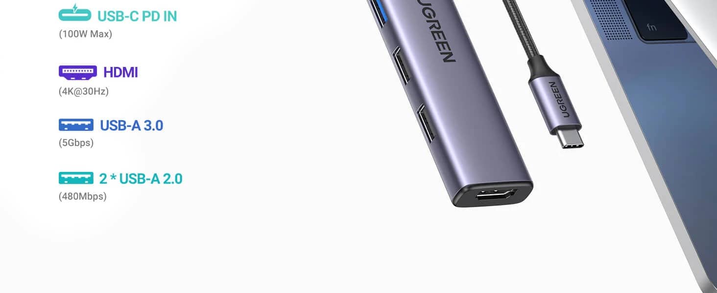 Bộ chuyển đổi Type C Ugreen 15495 HDMI 4K@30Hz, USB 2.0, USB 3.0, Sạc PD 100W