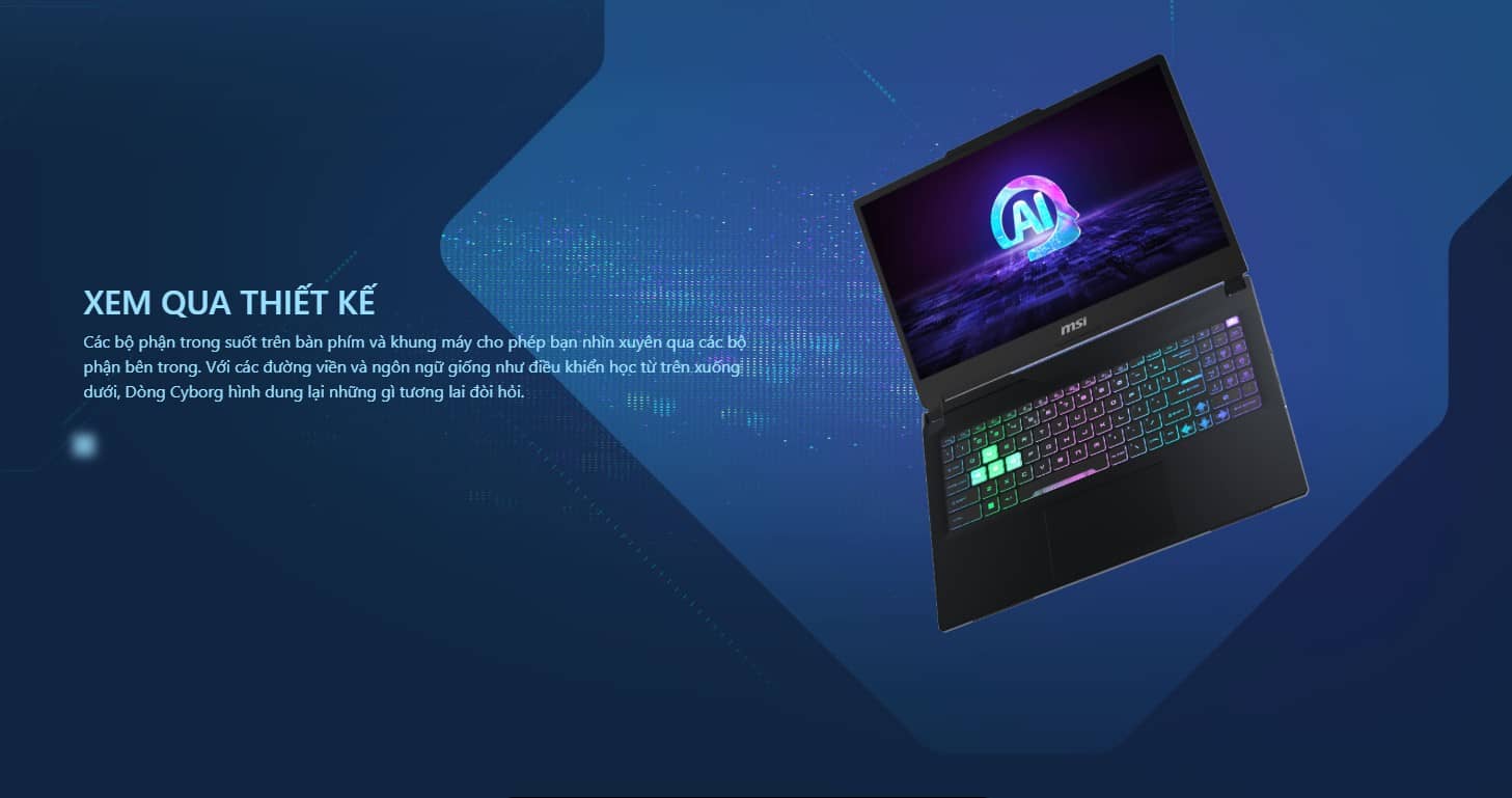 Các bộ phận trong suốt trên bàn phím và khung máy cho phép bạn nhìn xuyên qua các bộ phận bên trong. Với các đường viền và ngôn ngữ giống như điều khiển học từ trên xuống dưới, Dòng Cyborg hình dung lại những gì tương lai đòi hỏi.