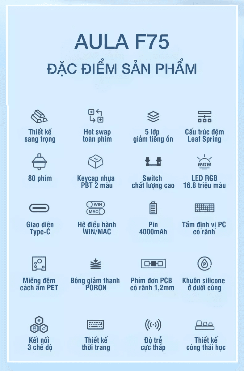 Bàn phím cơ AULA F75 ICE Blue 3 mode (TypeC + 2.4G + Bluetooth, Ice Vein switch) 2