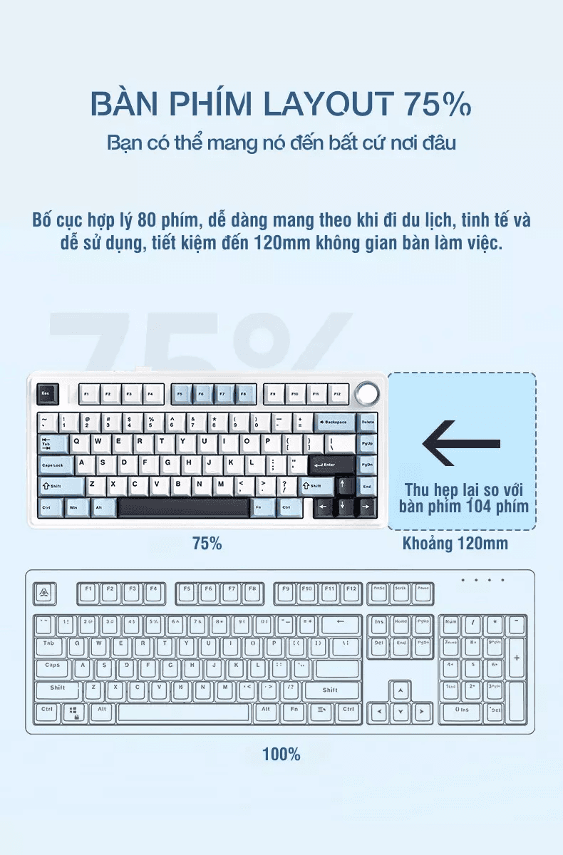 Bàn phím cơ AULA F75 ICE Blue 3 mode (TypeC + 2.4G + Bluetooth, Ice Vein switch) 4