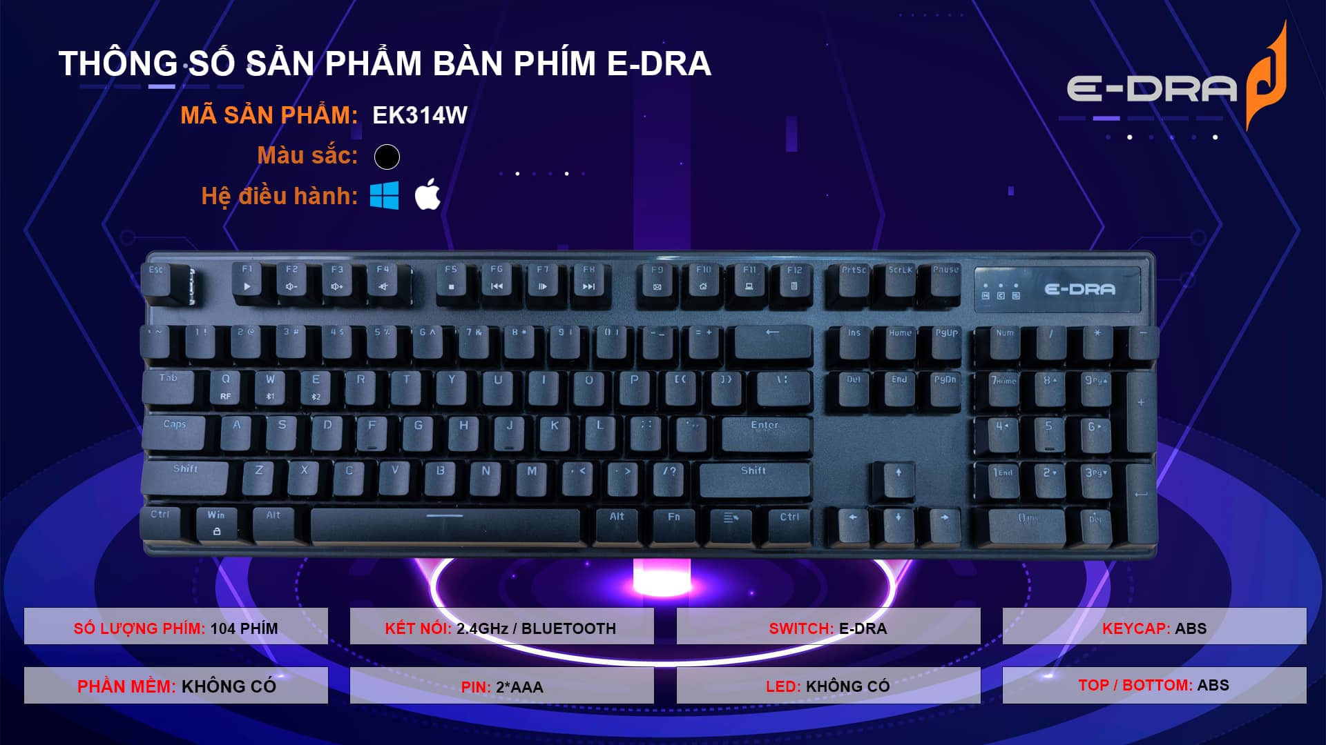 Bàn phím cơ không dây Edra EK314W Màu đen 6