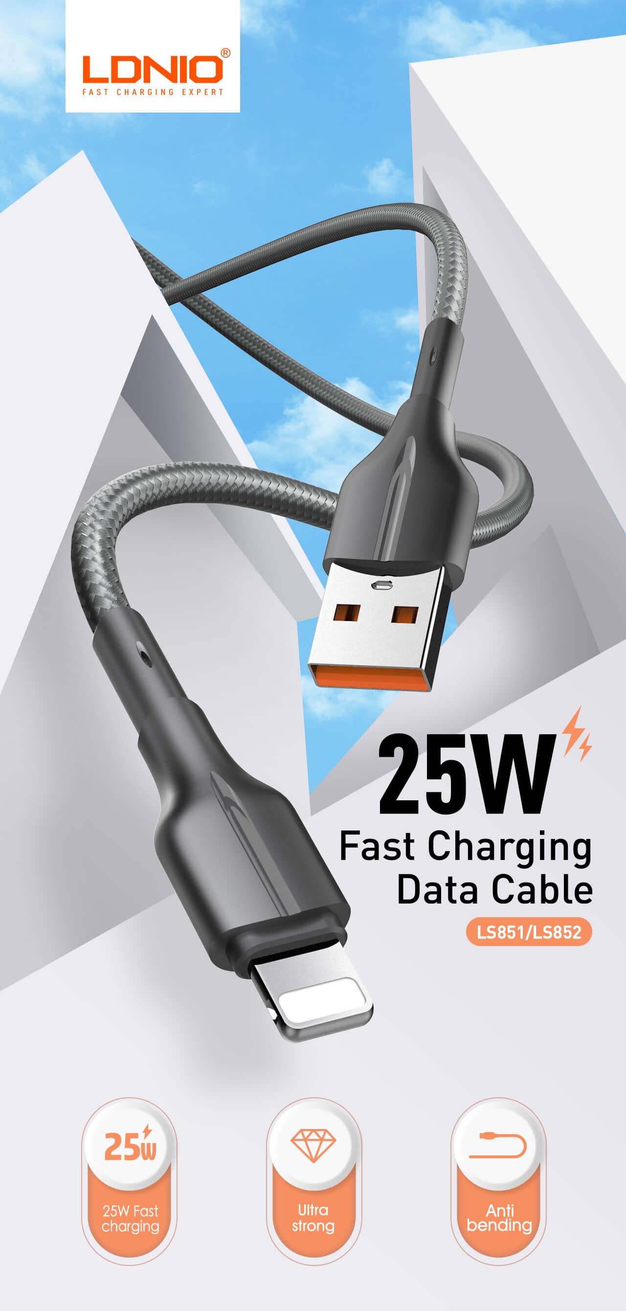 Cáp sạc LDNIO Lightning (1m) 25W Xám LS851 2