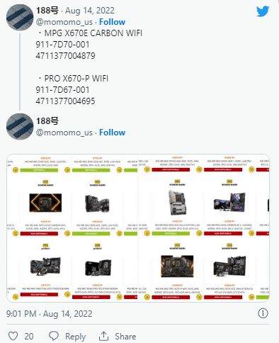 Giá bán các mẫu bo mạch chủ X670/X670E của MSI được @momomo_us hé lộ