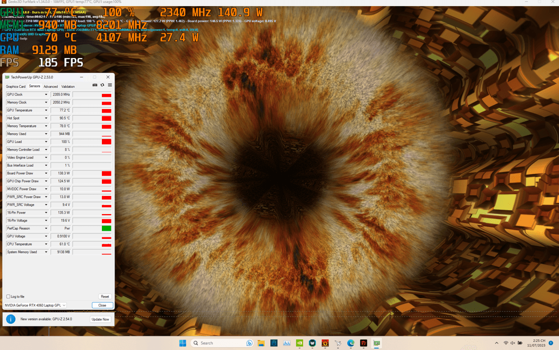 Ở độ phân giải 2.5K, tốc độ khung hình trung bình là 185 FPS,  nhiệt độ GPU ổn định ở mức 76°C, nhiệt độ của CPU là khoảng 70°C.