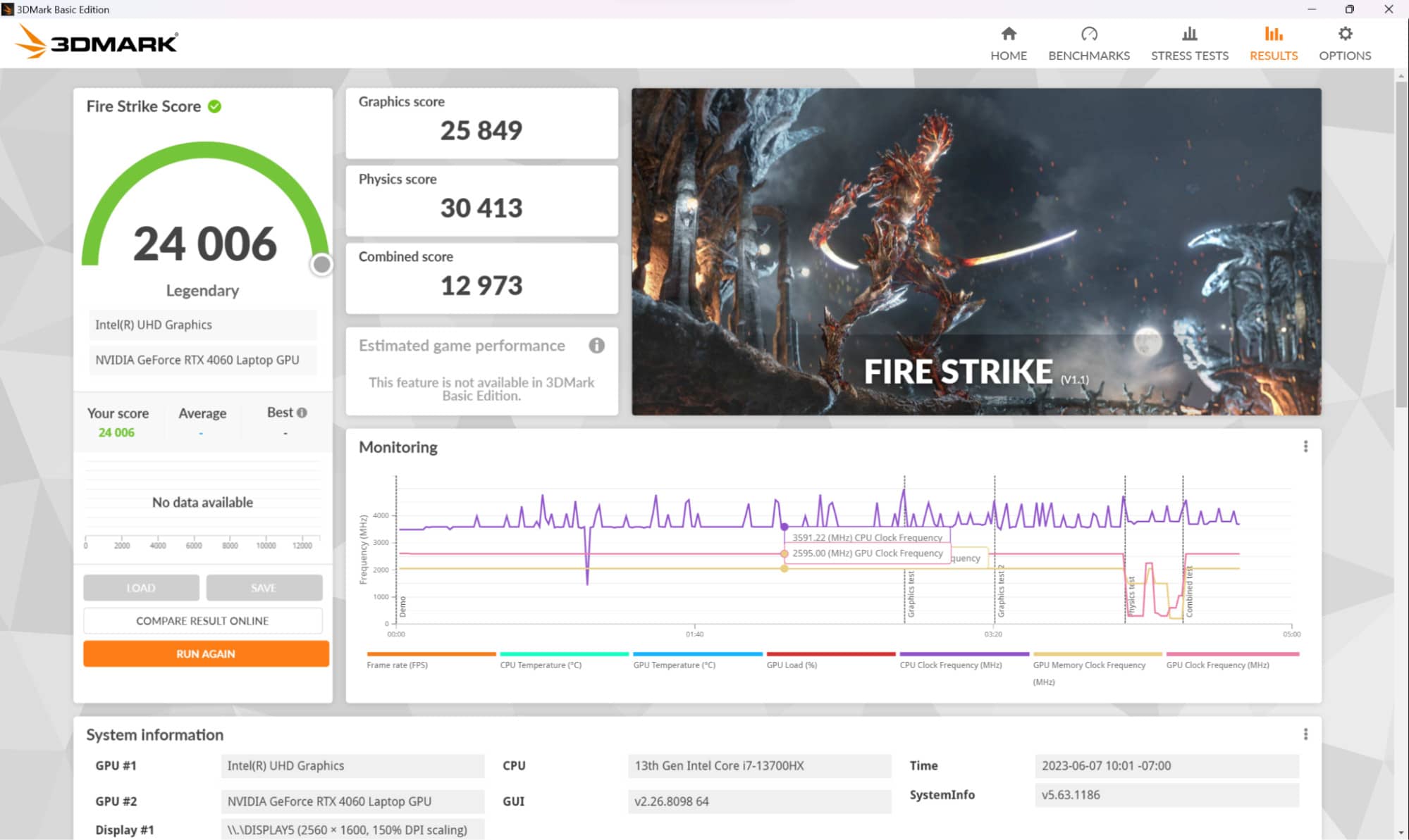Đối với bài test Fire Strike, máy đạt được điểm số là 24.006, trong đó điểm đồ hoạ là 25.894, điểm Physics là 30413, điểm tổng hợp là 12.973