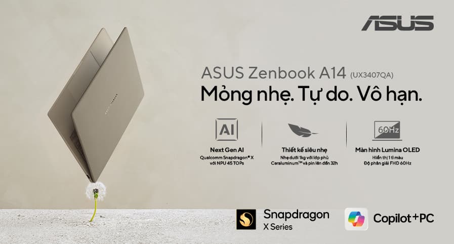 ASUS ZENBOOK A14 (UX3407) CHÍNH THỨC RA MẮT: LAPTOP AI COPILOT+ NHẸ NHẤT THẾ GIỚI, PIN TRÂU, MÀN HÌNH OLED