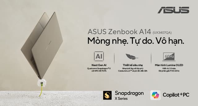 ASUS ZENBOOK A14 (UX3407) CHÍNH THỨC RA MẮT: LAPTOP AI COPILOT+ NHẸ NHẤT THẾ GIỚI, PIN TRÂU, MÀN HÌNH OLED