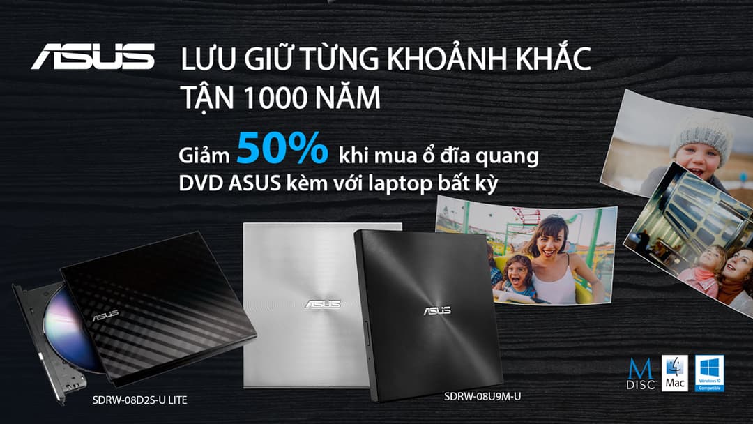 Chương trình khuyến mãi giảm 50% đĩa quang DVD khi mua Laptop ASUS