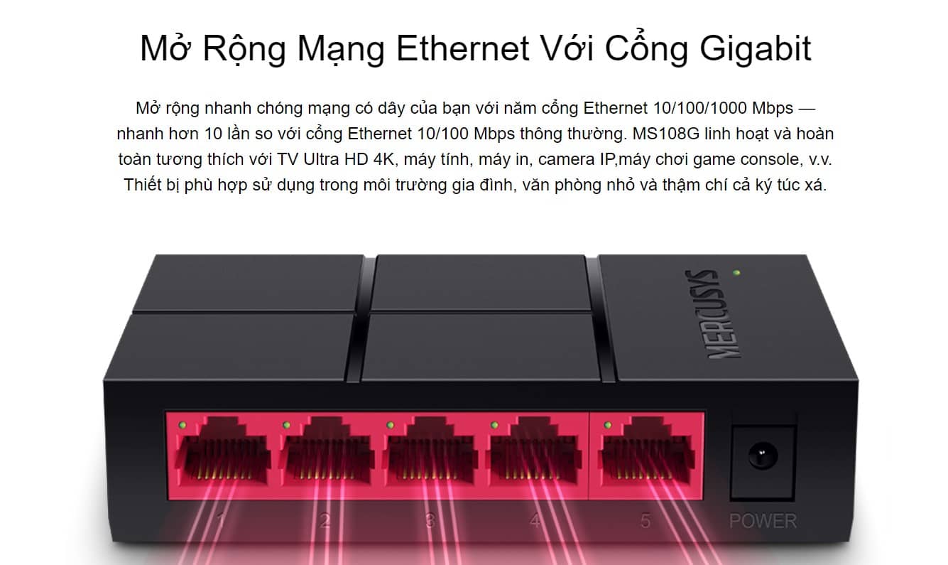 Switch Chia Mạng Mercusys MS105G (5 Cổng 10/100/1000Mbps vỏ nhựa)