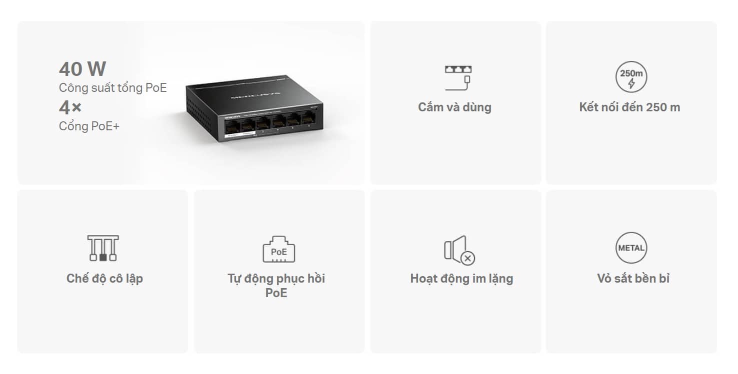 Switch Chia Mạng Mercusys MS106LP (6 cổng 10/100Mbps với 4 cổng PoE+, vỏ kim loại)