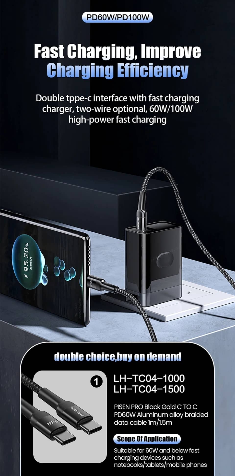 Cáp PISEN PRO - Black Gold USB-C PD100W Aluminum Alloy Braided 1.5m Cable 7