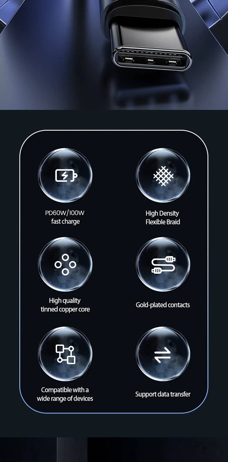 Cáp PISEN PRO - Black Gold USB-C PD100W Aluminum Alloy Braided 1.5m Cable 6