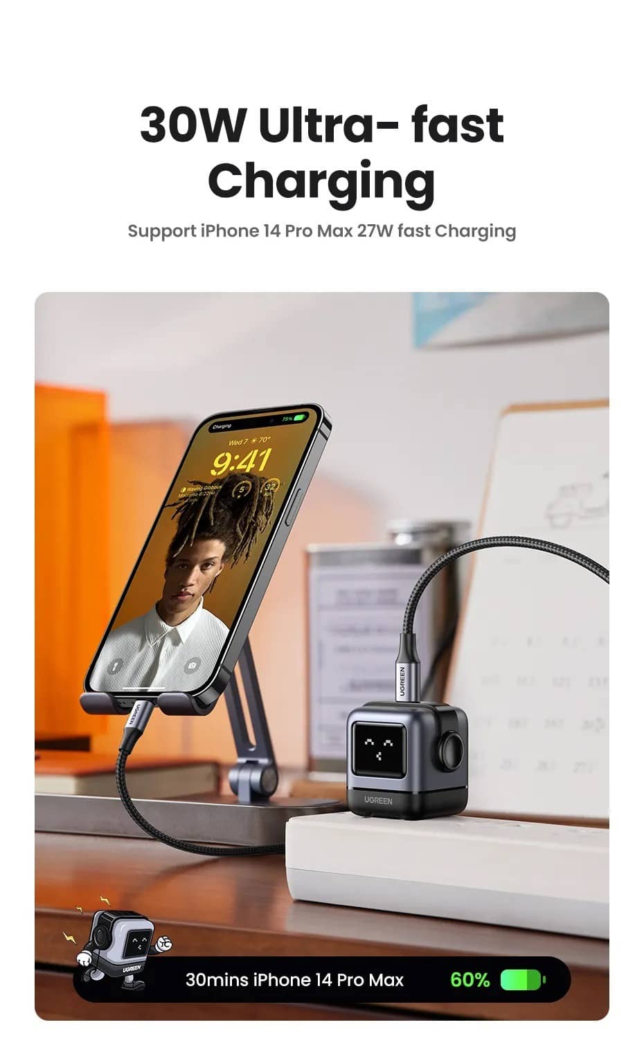 Củ sạc Ugreen GAN Nexode Small Robot 30W CD361 1 cổng USB-C (US) Màu Tím