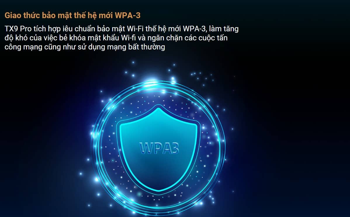 TX9 Pro tích hợp iêu chuẩn bảo mật Wi-Fi thế hệ mới WPA-3, làm tăng độ khó của việc bẻ khóa mật khẩu Wi-fi và ngăn chặn các cuộc tấn công mạng cũng như sử dụng mạng bất thường