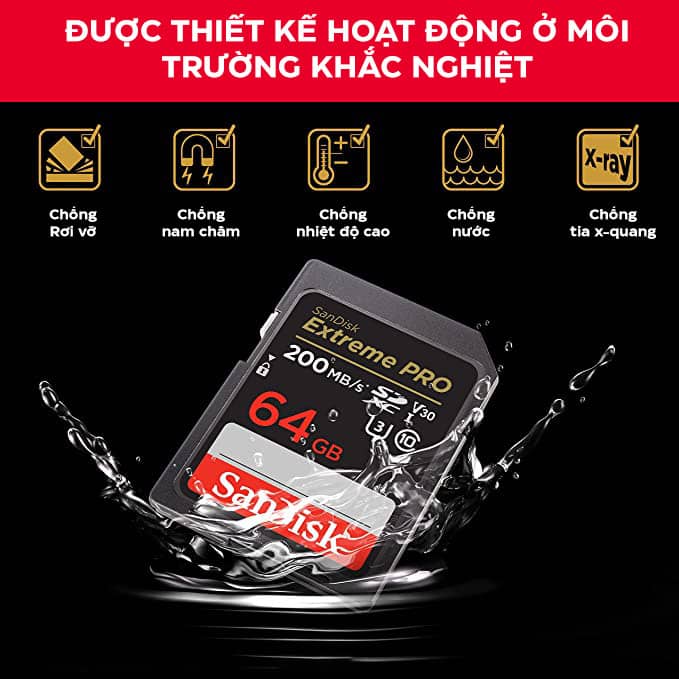 Thẻ nhớ Sandisk 64GB SDHC Extreme Pro,U3 V30, 200MB/s SDSDXXU-064G-GN4IN