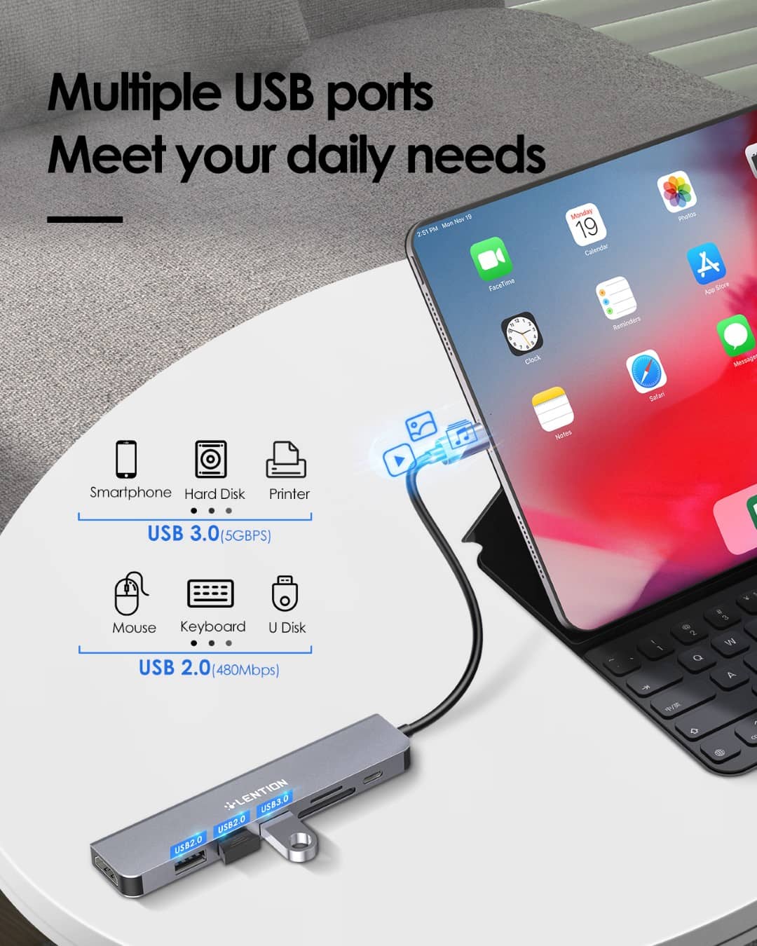 Bộ chuyển đổi USB-C 7 trong 1 Lention CE18HCR Xám (TYPE-C SANG HDMI, USB 3.0, 2 CỔNG USB 2.0, SD CARD, CỔNG SẠC PD)