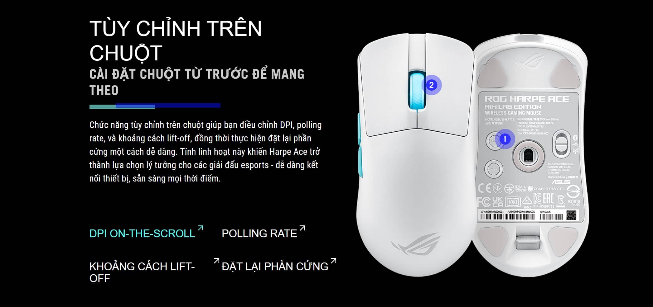 Chuột Gaming không dây Asus ROG Harpe Ace Aim Lab Edition-Moonlight White _ 90MP02W0-BMUA10
