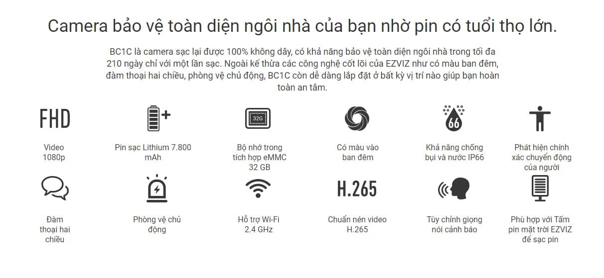 CAMERA IP DÙNG PIN EZVIZ BC1C/ HỖ TRỢ PIN NĂNG LƯỢNG MẶT TRỜI