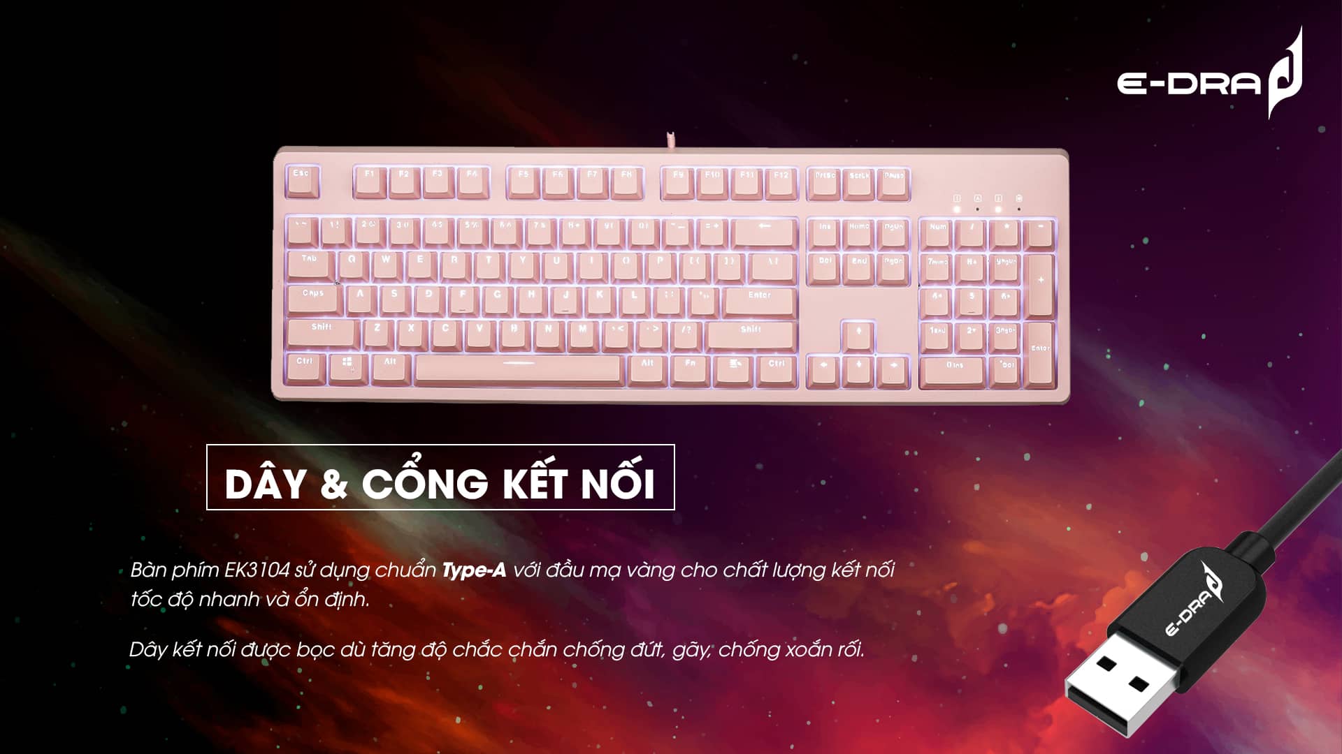 Bàn phím cơ Edra EK3104 Pink V2 Blue sw (Edra) (USBC/White Led) 5