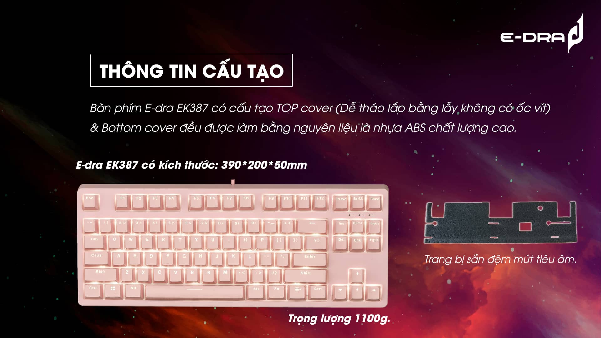 Bàn phím cơ Edra EK387 Pink V2 Blue sw (Edra) (USBC/White Led) 3