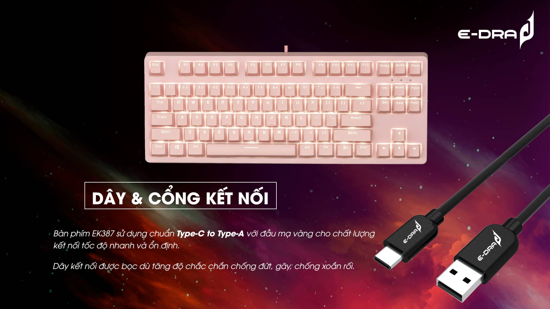 Bàn phím cơ Edra EK387 Pink V2 Blue sw (Edra) (USBC/White Led) 5