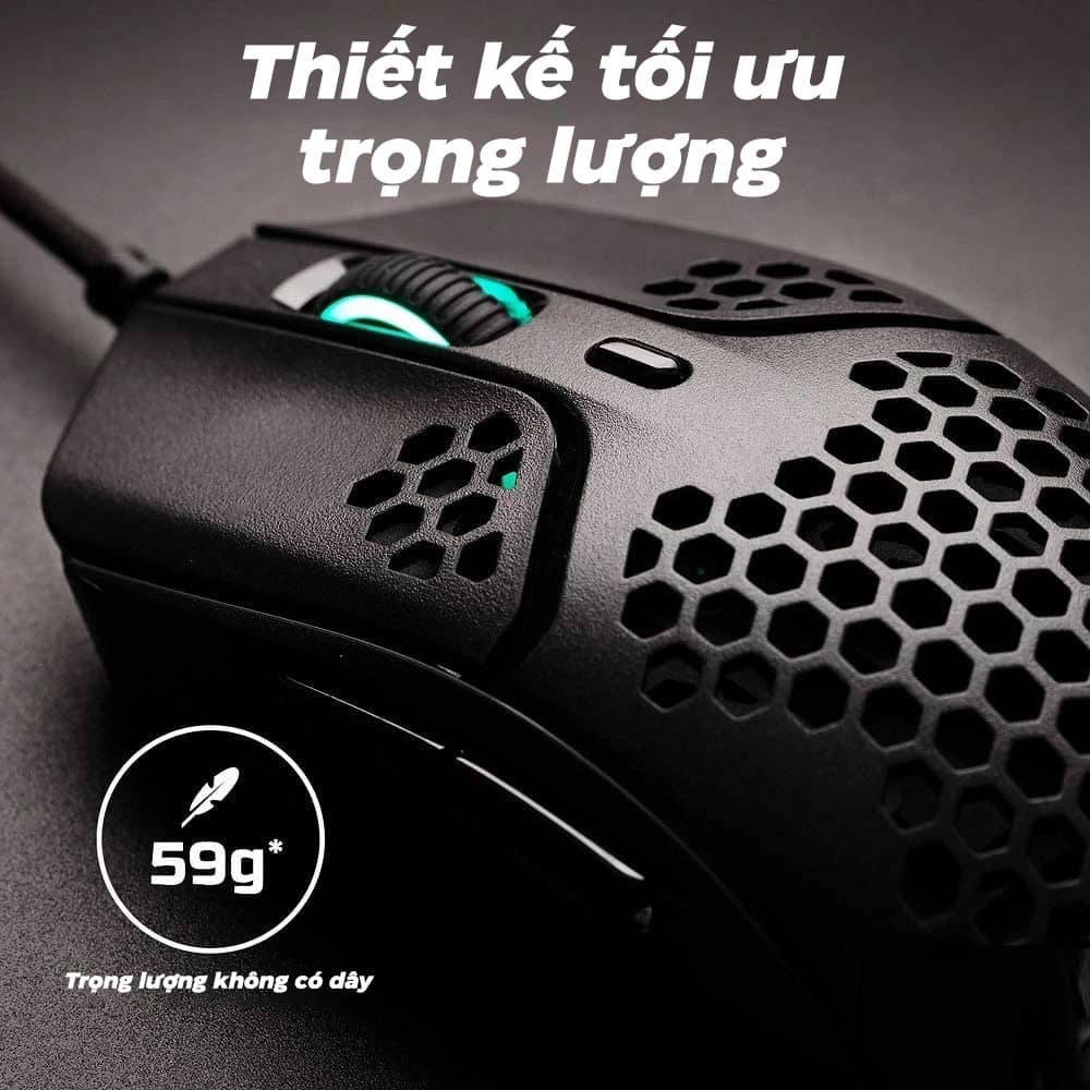 Chuột Gaming có dây HP HyperX Pulsefire Haste Trắng Hồng_4P5E4AA Thiết kế vỏ siêu nhẹ Pulsefire Haste được chế tạo với lớp vỏ tổ ong khiến cho chuột nhẹ hơn so với chuột có vỏ đặc, mà vẫn có độ bền đáng tin cậy. Thiết kế mắt lưới mở cũng cho phép thoát khí và thông thoáng hơn. Chuột Gaming có dây HP HyperX Pulsefire Haste Trắng Hồng_4P5E4AA Cáp HyperFlex USB Cáp HyperFlex USB được làm từ chất liệu paracord nhẹ, dẻo, được thiết kế để giảm độ căng và lực cản giúp di chuột dễ dàng hơn. Chuột Gaming có dây HP HyperX Pulsefire Haste Trắng Hồng_4P5E4AA Switch chống bụi micro TTC Golden Switch TTC Golden này mang lại những click chuột chắc chắn, thỏa mãn nên bạn sẽ biết được rằng những click đã ăn. Switch cũng có lớp phủ chống bám bụi và có độ bền ở mức 60 triệu lần bấm. Chuột Gaming có dây HP HyperX Pulsefire Haste Trắng Hồng_4P5E4AA Đế bằng PTFE nguyên chất Đế được làm bằng PTFE tạo ma sát thấp giúp thao tác trượt trở nên dễ dàng, nhẹ nhàng hơn và khiến chuột phản hồi nhanh hơn. Có một bộ đế thay thế đi kèm để phòng trường hợp đế bị mòn. Chuột Gaming có dây HP HyperX Pulsefire Haste Trắng Hồng_4P5E4AA Dễ tùy chỉnh bằng phần mềm HyperX NGENUITY Tạo macro, tùy biến ánh sáng RGB và DPI rồi lưu vào bộ nhớ riêng của Pulsefire FPS Pro. Chuột Gaming có dây HP HyperX Pulsefire Haste Trắng Hồng_4P5E4AA 3