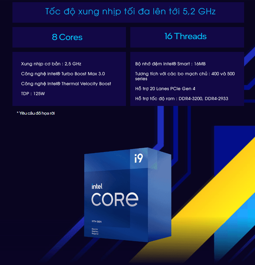 CPU Intel Core i9-11900 (2.5GHz turbo up to 5.2Ghz, 8 nhân 16 luồng, 16MB Cache, 65W) - Socket Intel LGA 1200