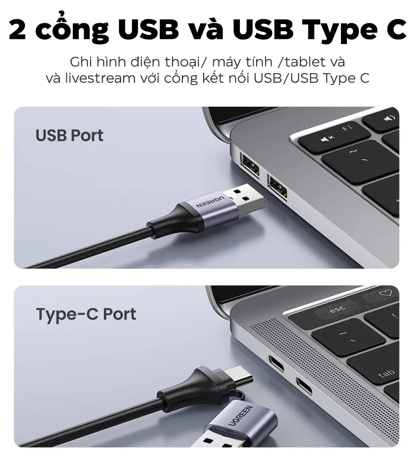 Card ghi hình Ugreen 40189 HDMI to USB 2.0, Type C live streaming 1080P