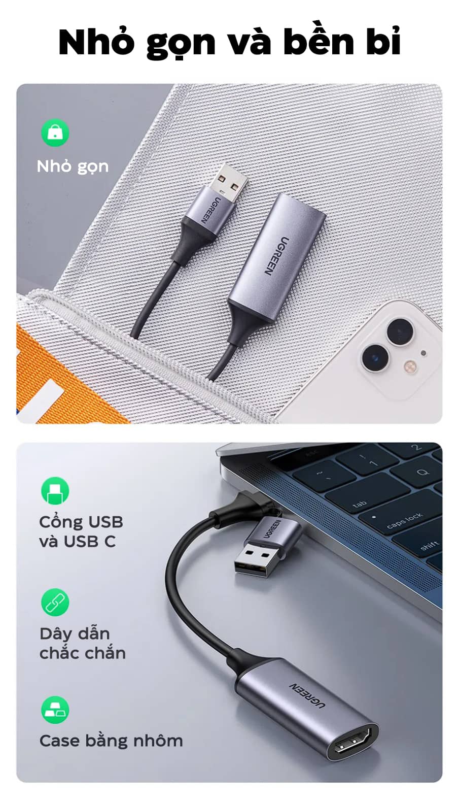 Card ghi hình Ugreen 40189 HDMI to USB 2.0, Type C live streaming 1080P