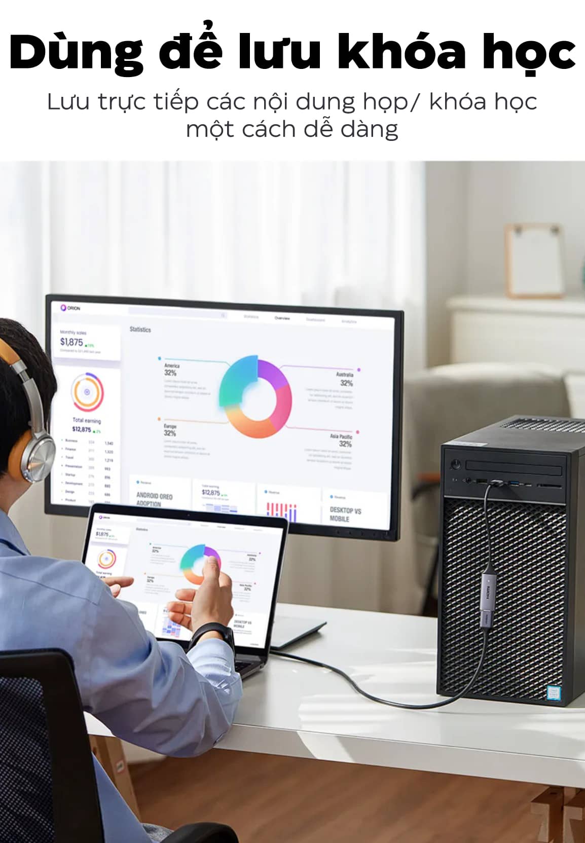 Card ghi hình Ugreen 40189 HDMI to USB 2.0, Type C live streaming 1080P