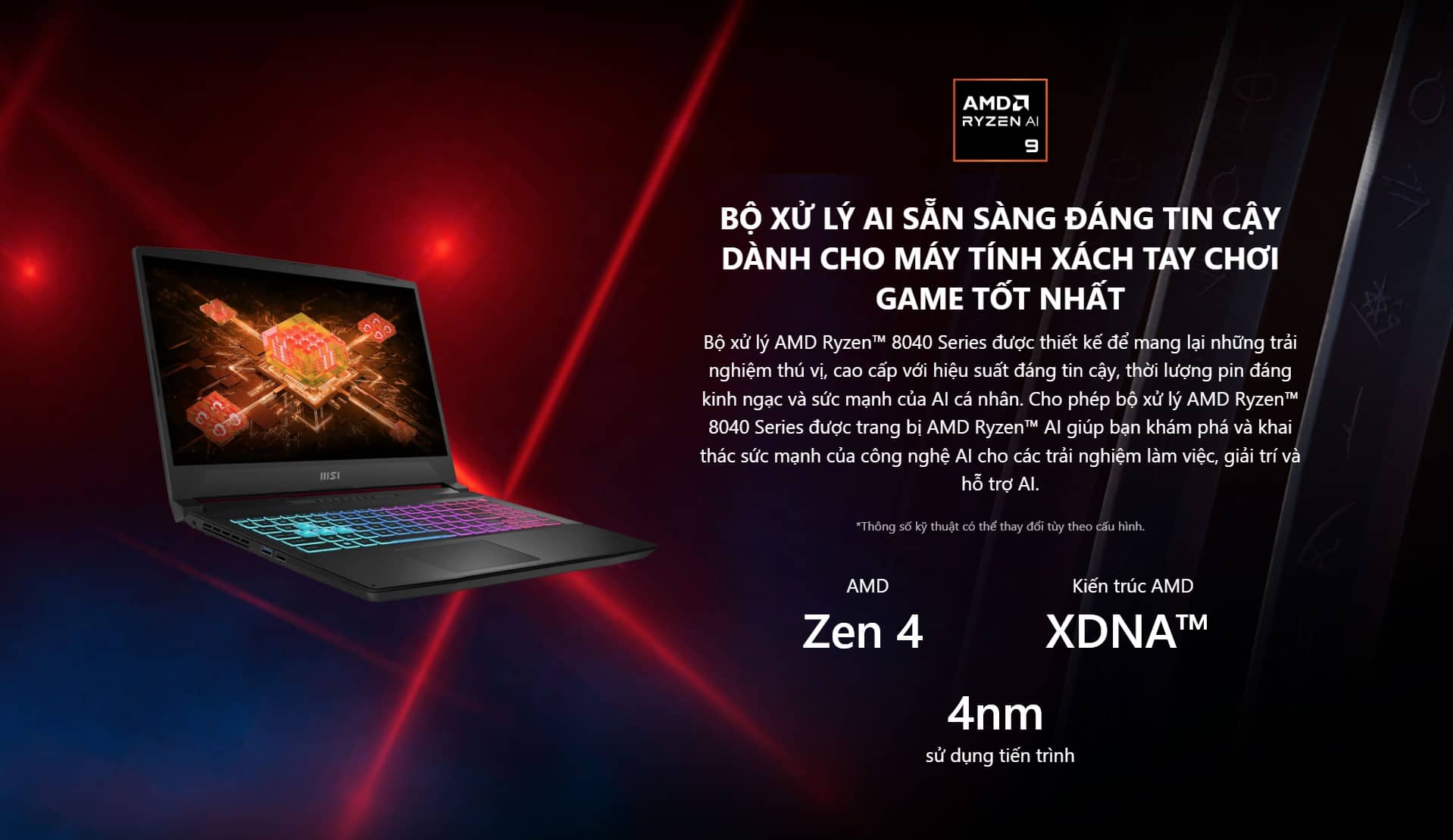 Bộ xử lý AMD Ryzen™ 8040 Series được thiết kế để mang lại những trải nghiệm thú vị, cao cấp với hiệu suất đáng tin cậy, thời lượng pin đáng kinh ngạc và sức mạnh của AI cá nhân. Cho phép bộ xử lý AMD Ryzen™ 8040 Series được trang bị AMD Ryzen™ AI giúp bạn khám phá và khai thác sức mạnh của công nghệ AI cho các trải nghiệm làm việc, giải trí và hỗ trợ AI.