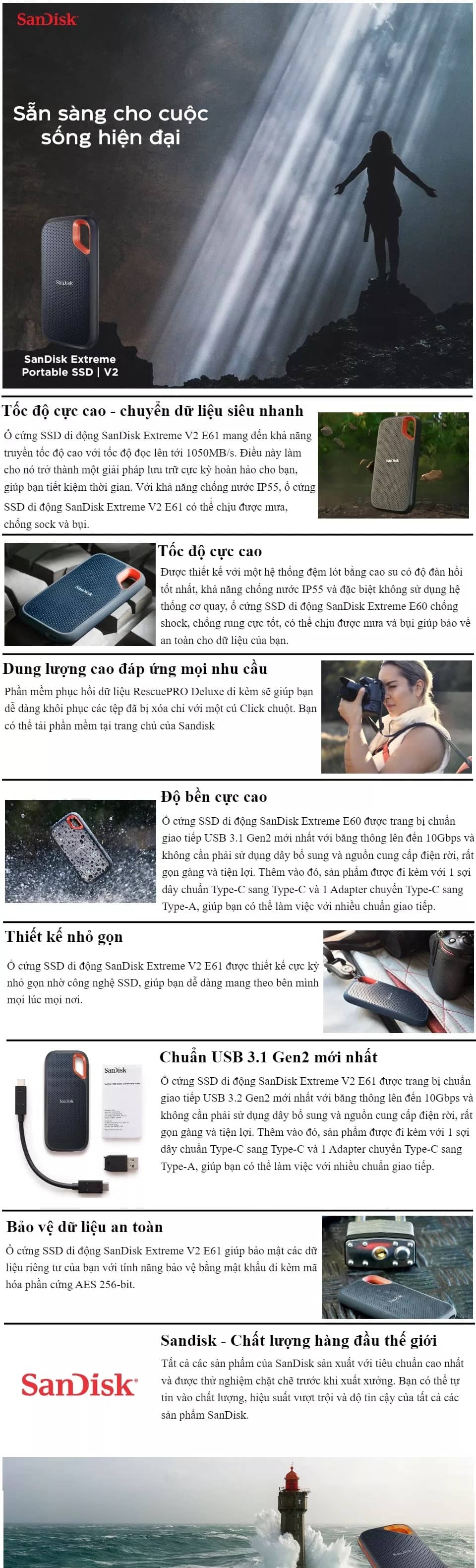 Ổ cứng gắn ngoài SSD 1TB Sandisk Extreme Portable SDSSDE61-1T00-G25