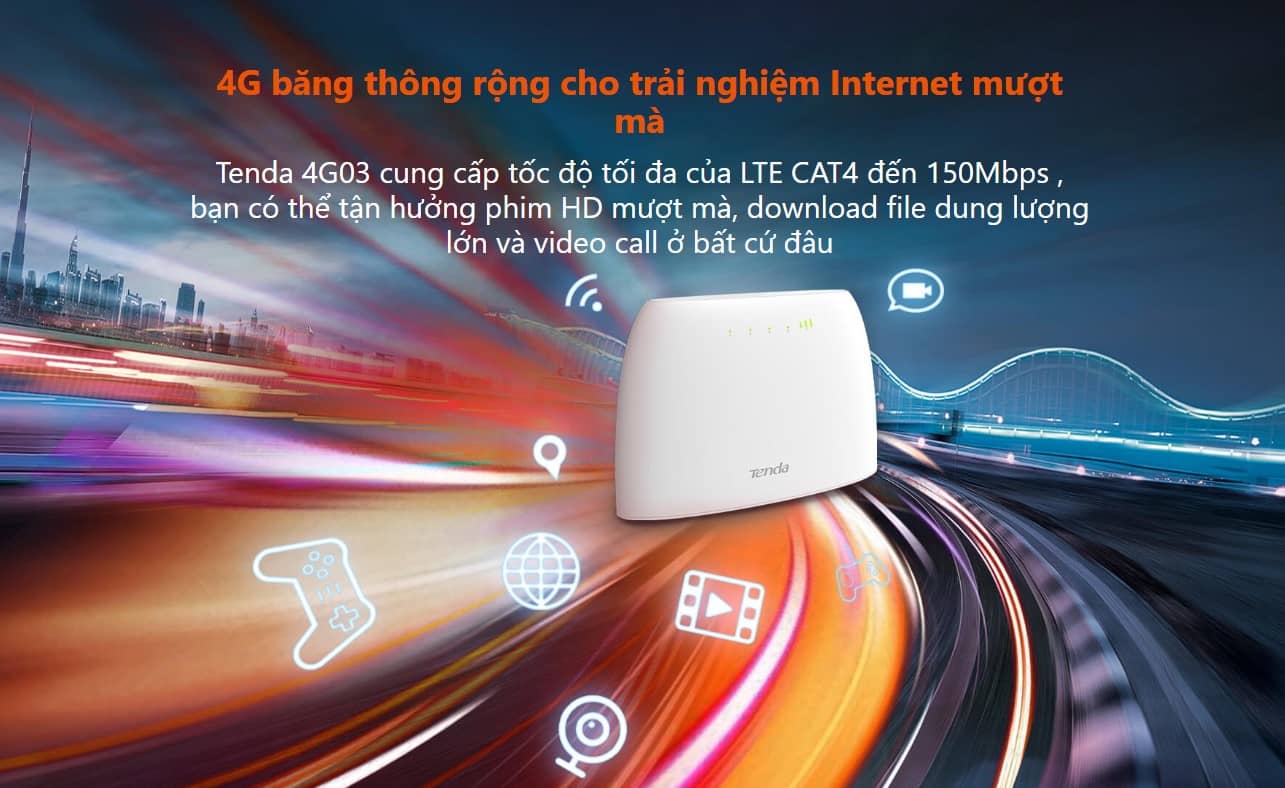 Bộ phát WiFi 3G/4G Tenda 4G03 - 150Mbs, Hỗ trợ 32 User