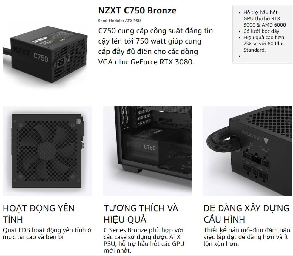 Nguồn máy tính NZXT C750 - 750W Bronze (80 Plus Bronze /Màu Đen)