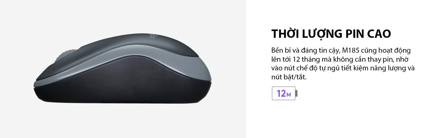 Chuột không dây Logitech M185 Wireless (USB/Xám đen) 3