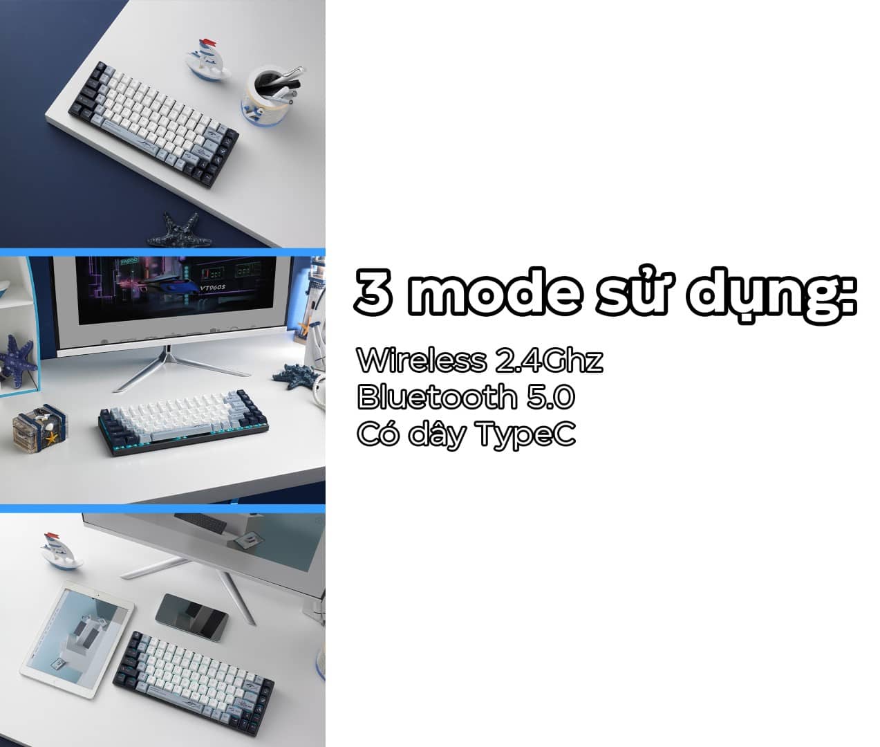 Bàn phím cơ không dây Rapoo MT510PRO Blue light (USB+ Wireless)