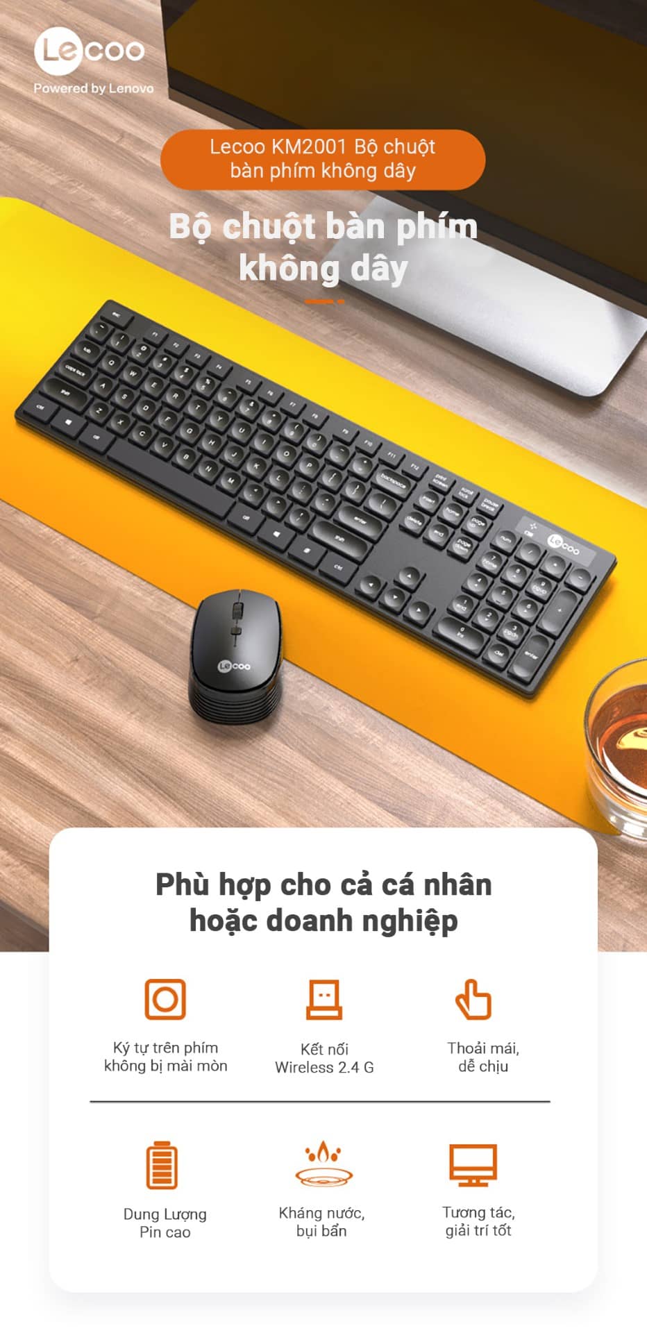 Bộ phím chuột văn phòng không dây Lecoo KM2001